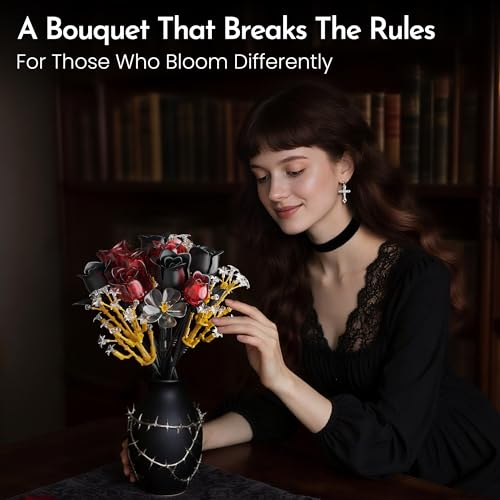 SOOLIO Rose Flower Bouquet Building Set for Adults Treat Yourself Gifts for Women Teen Couple Mom Wife Girlfriend Artificial Floral Botanicals Collection for Home or Office Gothic Decor 414 PCS - Image 3
