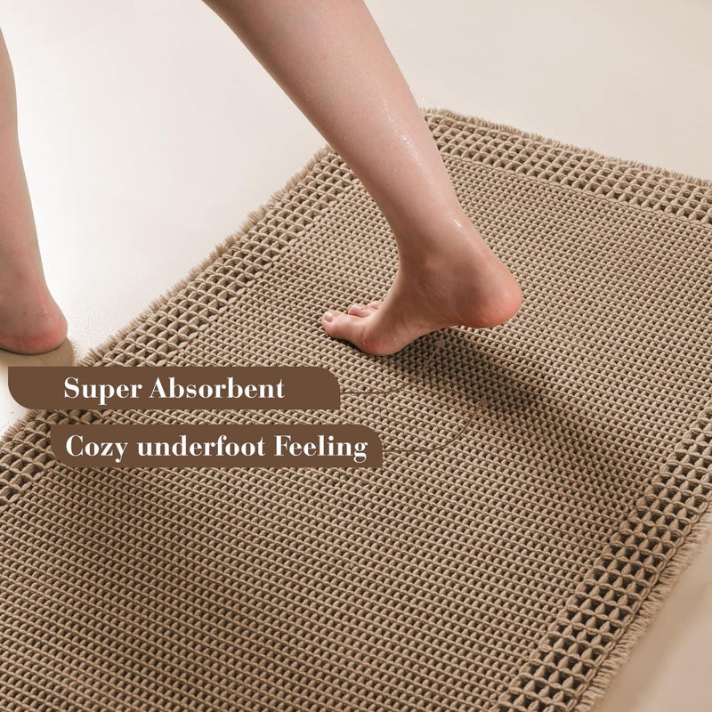 RESARE Waffle Bathroom Runner Rugs, Super Absorbent Bath Mat Non Slip Washable Quick Dry, Upgraded Ultra Soft Boho Bath Rugs with Tassels for Hallway Bedroom Laundry Room, 2'x5'(24"x60"), Brown - Image 3
