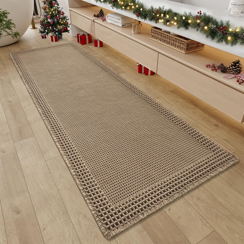 RESARE Waffle Bathroom Runner Rugs, Super Absorbent Bath Mat Non Slip Washable Quick Dry, Upgraded Ultra Soft Boho Bath Rugs with Tassels for Hallway Bedroom Laundry Room, 2'x5'(24"x60"), Brown - Image 1