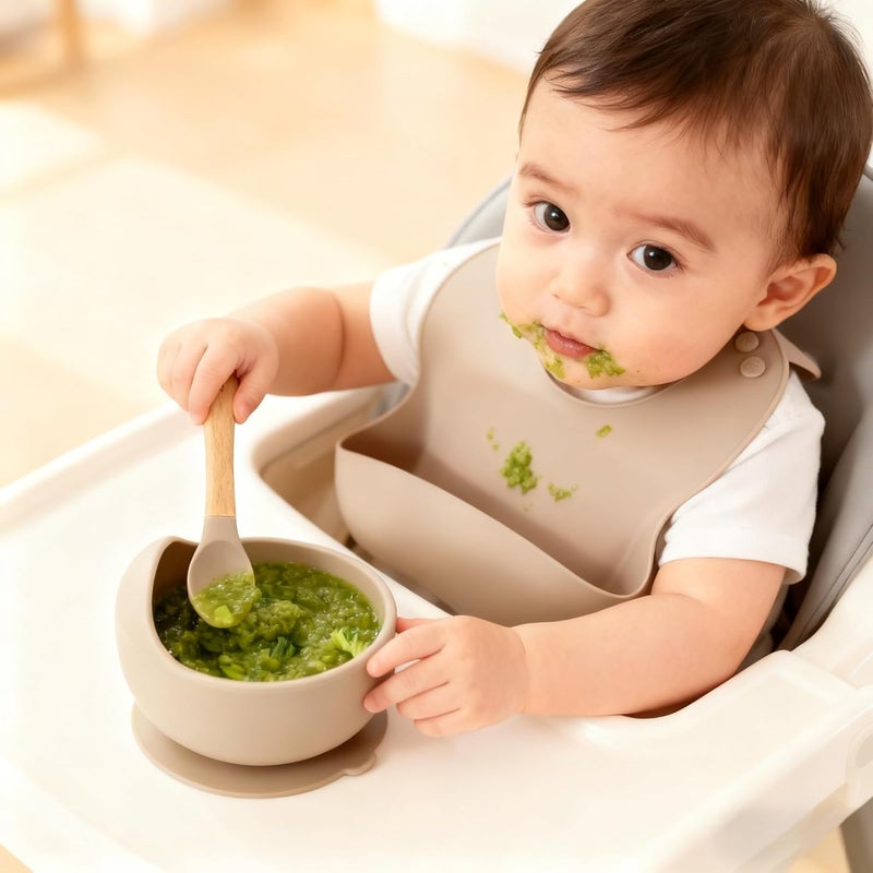 Ginbear Baby Bowls with Suction, Silicone Bibs, Self Feeding Spoons, Led Weaning Supplies, Toddler Eating Set for Ages 6 Months+ (Almond) - Image 3