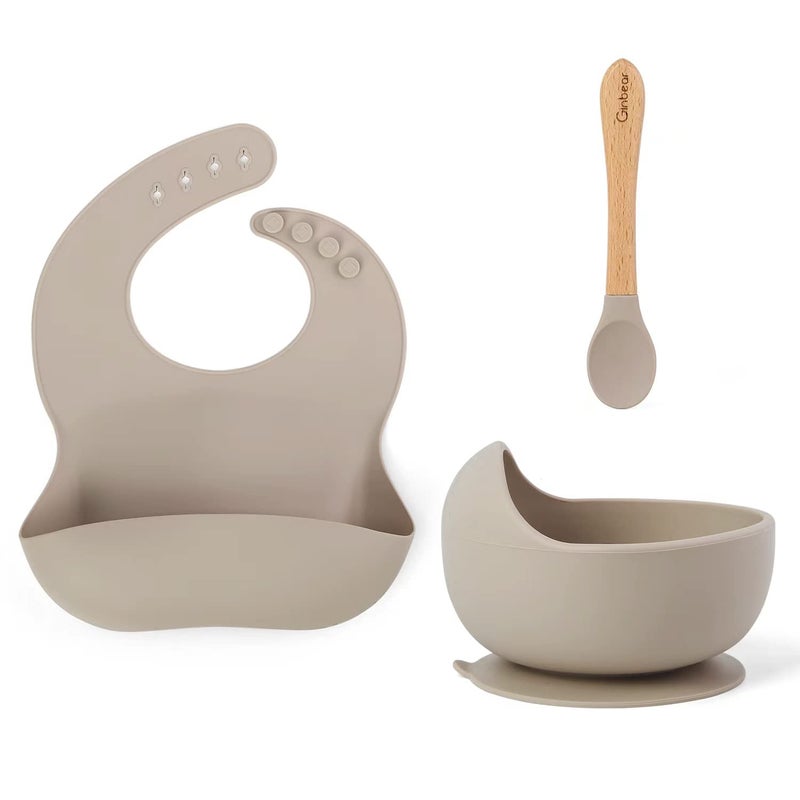 Ginbear Baby Bowls with Suction, Silicone Bibs, Self Feeding Spoons, Led Weaning Supplies, Toddler Eating Set for Ages 6 Months+ (Almond) - Image 1