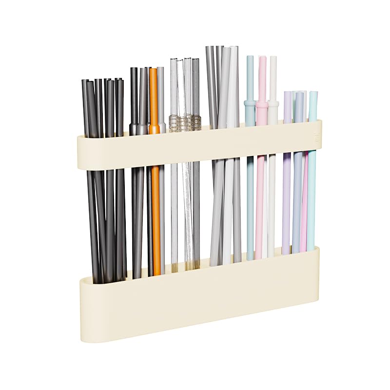 Vaszu Silicone Straw Holder Self-Adhesive Straw Dispenser with 6 Slots Reusable Drinking Straw Storage Organizer Kitchen Accessories Container for Cabinet Fridge Cupboard Door (White) - Image 1