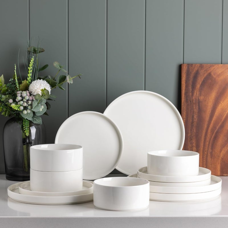 LERATIO Ceramic Dinnerware Sets for 4Plates and Bowls SetsHandmade Reactive Glaze Dishes SetScratch Resistant  OvenDishwasher  Microwave SafeService for 4White - Image 1