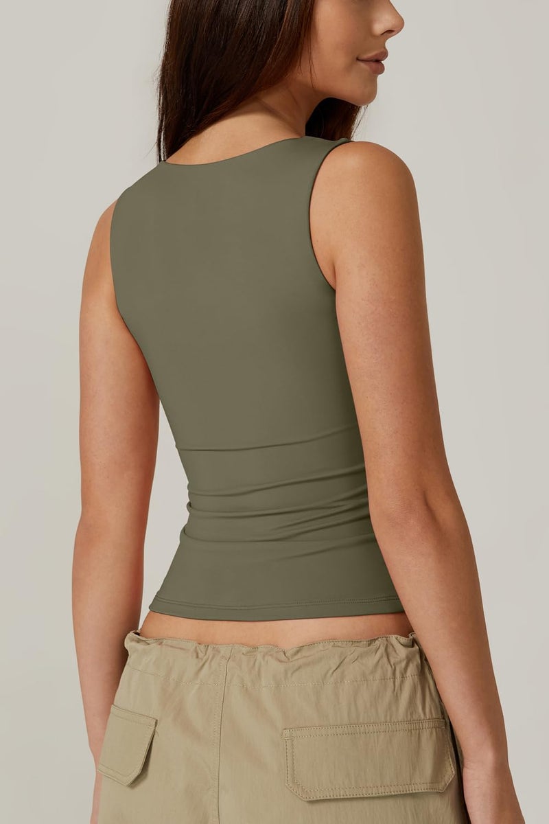QINSEN Women's Tank Tops Sexy Sleeveless Crop Tops Square Neck Double Layer Fitness Basic Shirts Army Green M - Image 4