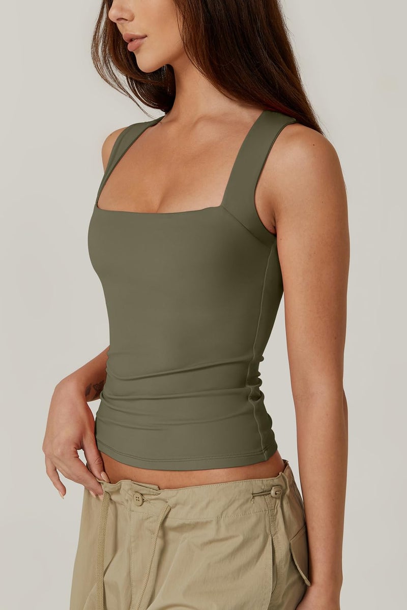 QINSEN Women's Tank Tops Sexy Sleeveless Crop Tops Square Neck Double Layer Fitness Basic Shirts Army Green M - Image 2