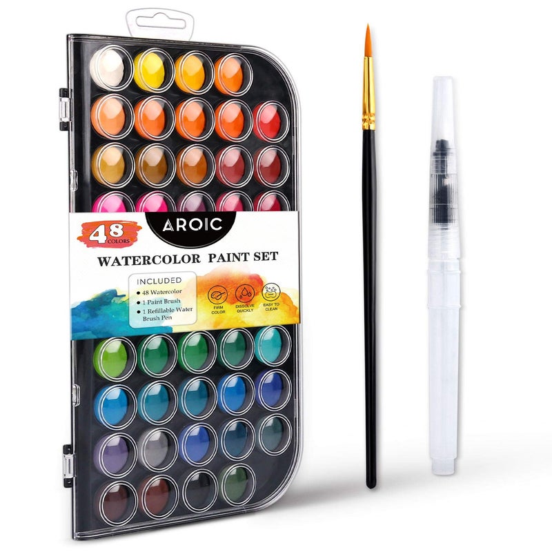 AROIC 48 Color Watercolor Paint Set with Refillable Water Brush Pens Travel Art Kit for BeginnersKids  Artists Birthday Gift for Children  Art Lovers