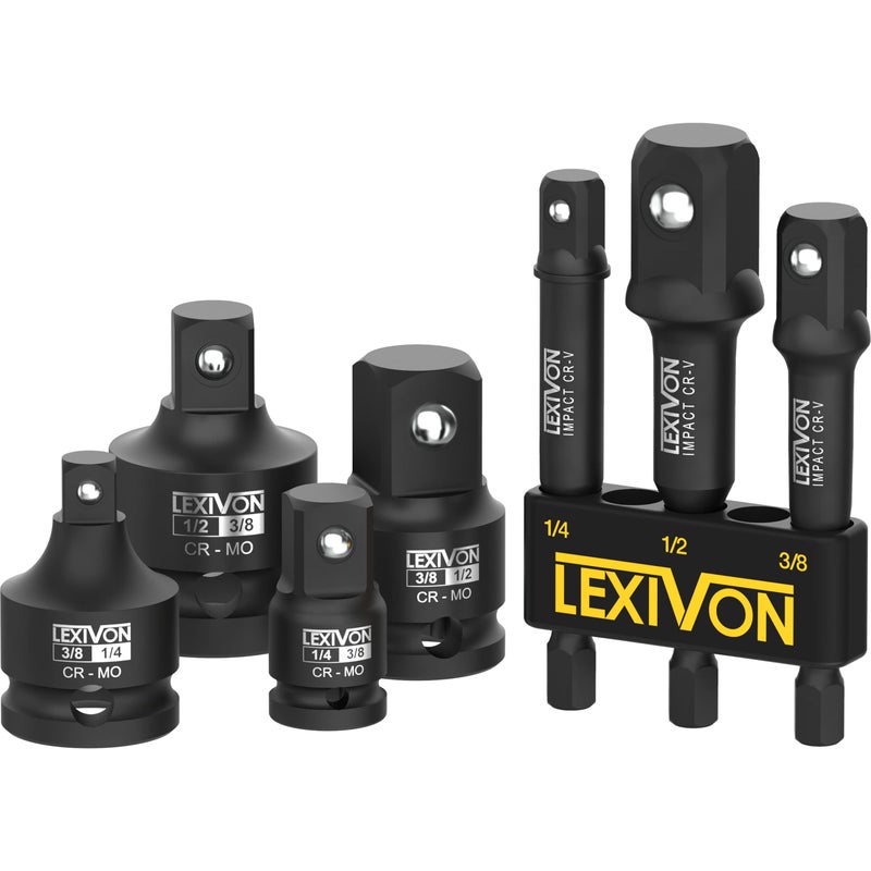 LEXIVON Impact Socket Adapter Combo Kit, 7-piece Increaser, Reducer & Extension Set | 1/4"-3/8"-1/2" Impact Driver Conversions, Active Rust Protection By Black-Phosphate Coating Treatment (LX-109) - Image 1