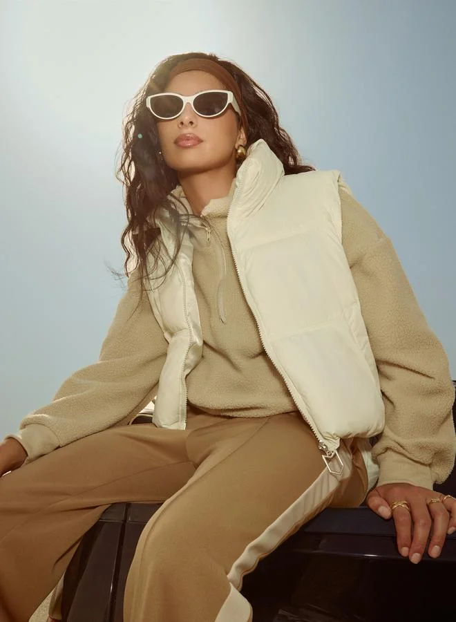 Styli Off White Regular Fit Crop Padded Jacket