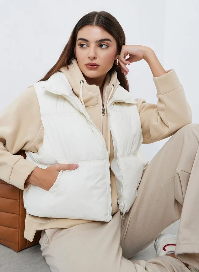 Styli Off White Regular Fit Crop Padded Jacket