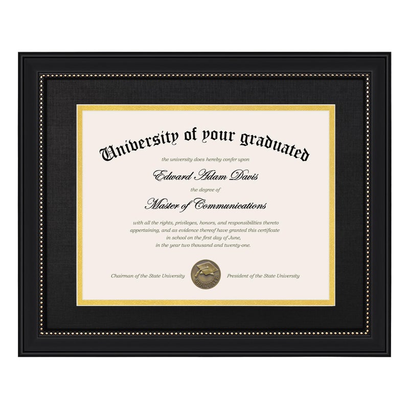 upsimples 11x14 Diploma Frame with High Definition Glass Display 85x11 Certificate with Black over Gold Mat Degree Document Frame for Wall and Tabletop Black with Gold Beads 1 Pack