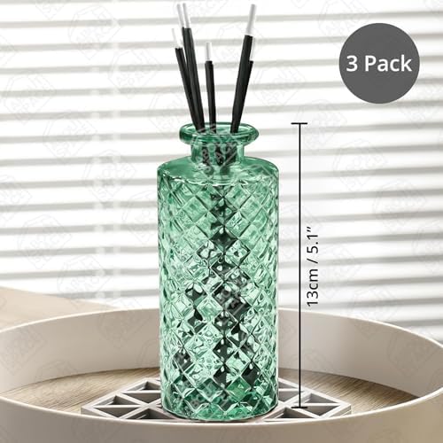 ABOUT SPACE Glass Bud Flower Vase Pack of 3 Glass Centrepiece Mini Flower Vase Antique Collections for Wedding Decoration Sturdy Textured Bottle Shaped Table Top Decor for Home Restaurants Green - Image 2