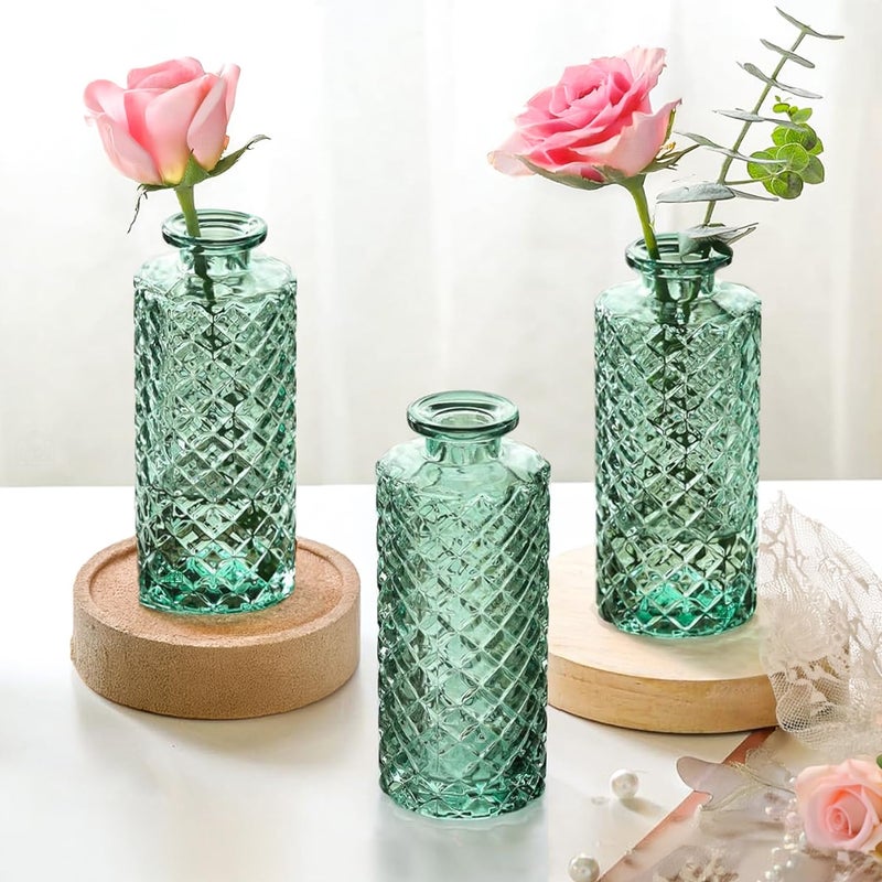 ABOUT SPACE Glass Bud Flower Vase Pack of 3 Glass Centrepiece Mini Flower Vase Antique Collections for Wedding Decoration Sturdy Textured Bottle Shaped Table Top Decor for Home Restaurants Green - Image 1