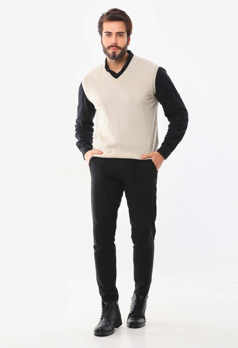 Günay Gunay Men's V Neck Wool Sweater 1000 Beige  - Image 2
