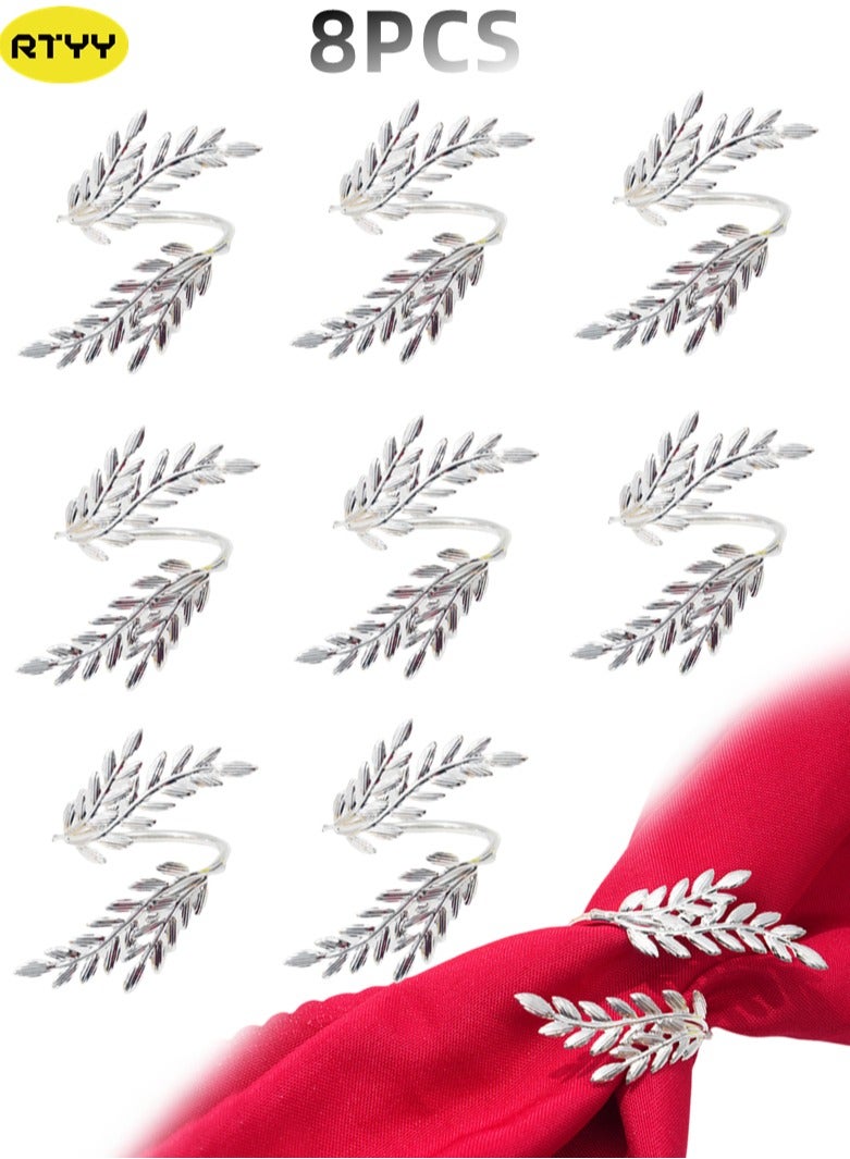 RTYY 8 قطع من حلقات مناديل قمح فضية، حلقات مناديل معدنية على شكل أوراق قمح، حامل حلقات مناديل فضية لحفلات الأعياد وحفلات الزفاف وحفلات الكريسماس وطاولات المطبخ وديكورات العشاء العائلية. - Image 1