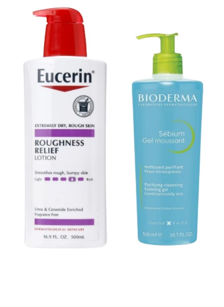 Eucerin Roughness Relief Lotion - Full Body Lotion for Very Dry, Rough Skin - 500ml White Pump Bottle + Sebium Gel Moussant Purifying Foaming Blue 500ml  - Image 1