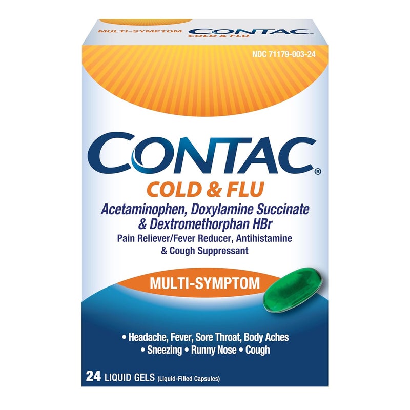 Contac Cold  Flu Medicine Powerful MultiSymptom Relief for Pain Fever Sore Throat Body Aches Sneezing Runny Nose  Cough 24 Count Liquid Gels - Image 1