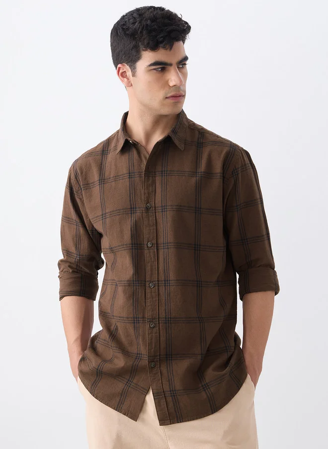 The Souled Store Men Checks Desert Brown Regular Fit Cotton Linen Shirt