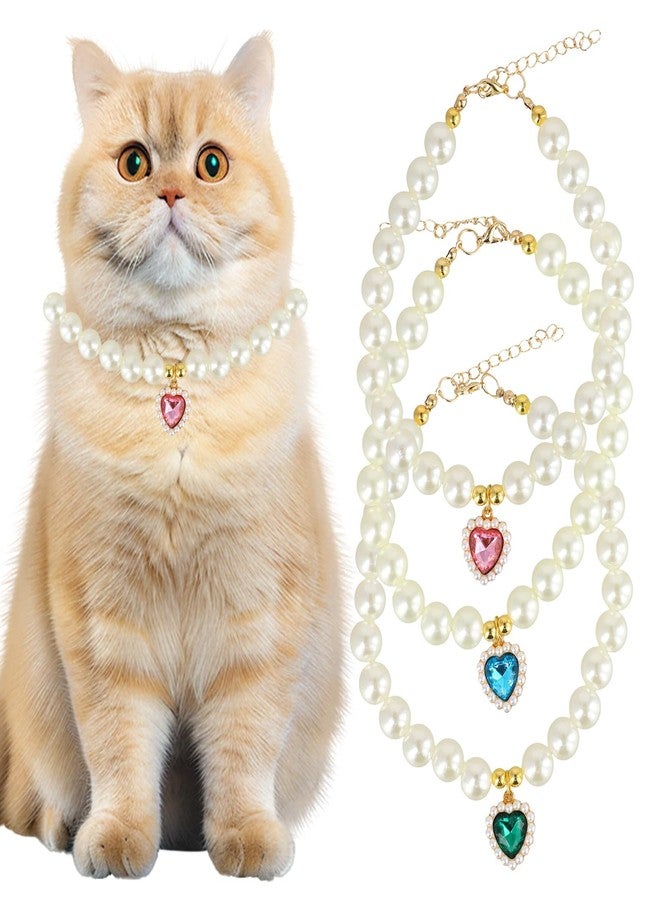 PKRFCJ 3 Pcs Pearl Cat Collar with Heart Pendant, Adjustable Dog Cats Pet Pearl Collars, Cute Pearl Necklace for Puppies and Kittens (Pink, Green and Lake Blue) - Image 1