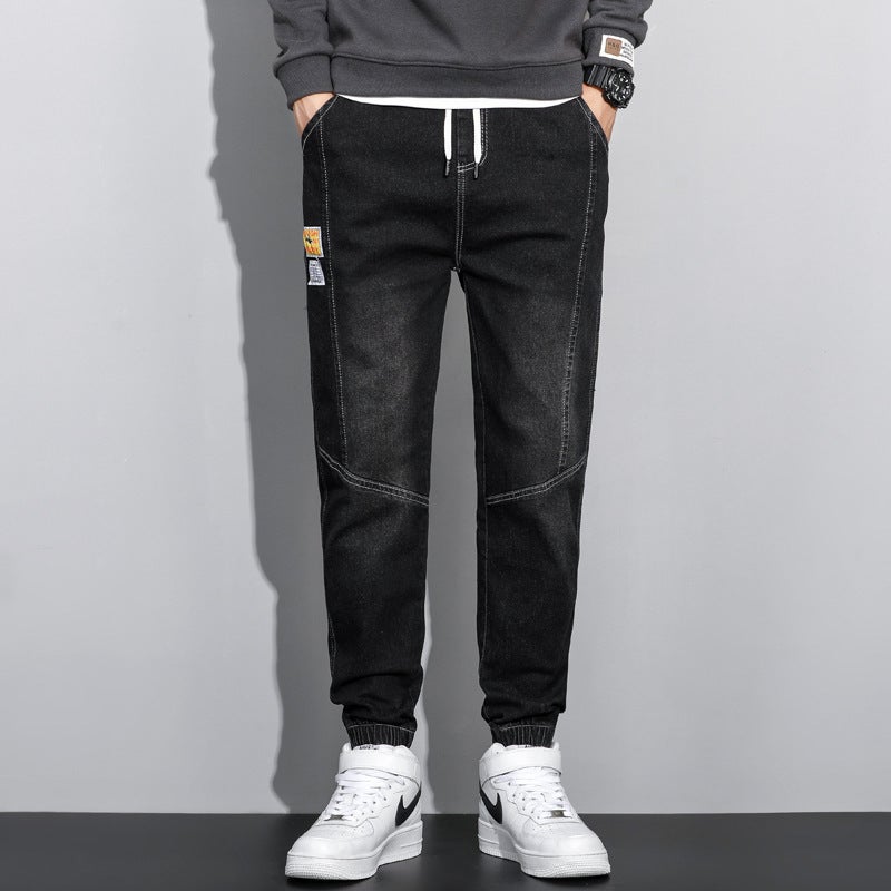 Generic Factory Direct sales 901# cropped elastic waist jeans mens slim fit ankle-tied stretch small straight-leg Korean style fashionable pants Black