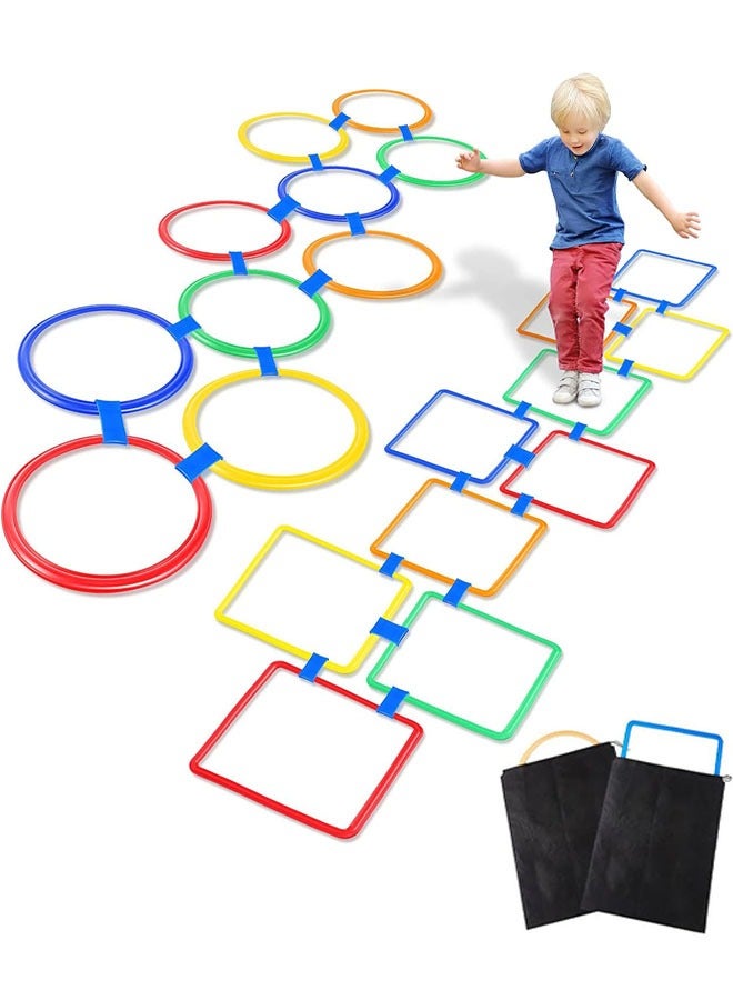 2 Sets Hopscotch Rings, 20 Plastic Square & Round Hoops with 30 Connectors for Toddlers Gross Motor Skills, Indoor/Outdoor Agility Rings for Kids Playground Obstacle Courses(15 Inch) - Image 1