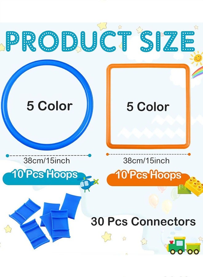 2 Sets Hopscotch Rings, 20 Plastic Square & Round Hoops with 30 Connectors for Toddlers Gross Motor Skills, Indoor/Outdoor Agility Rings for Kids Playground Obstacle Courses(15 Inch) - Image 2