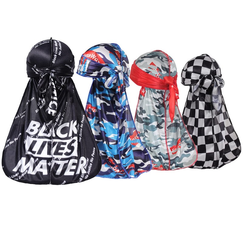 ForceWave 4PCS Designer Silk Durags Luxury Silky Durag for Men Waves Pack