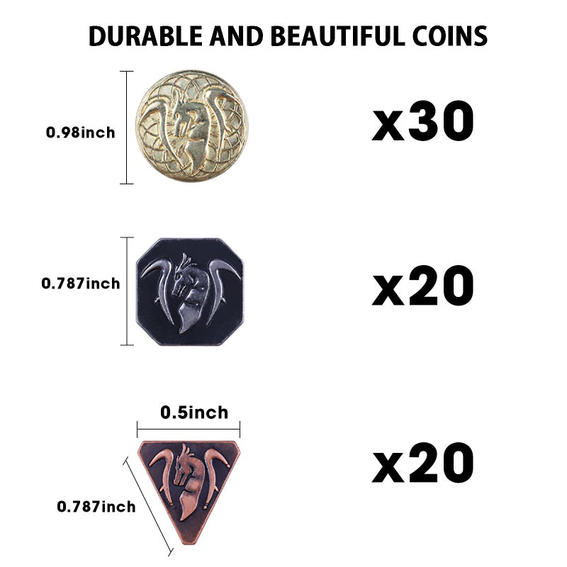 Byhoo 70PCS Metal DND Coins & PU Leather Bag  Contains 30 Gold  20 Silver & 20 Copper Coins  Fantasy Board Game Tokens with Retro Leather Pouch  - Image 2