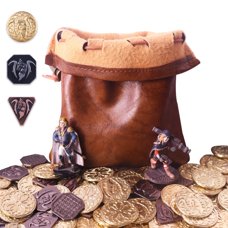 Byhoo 70PCS Metal DND Coins & PU Leather Bag  Contains 30 Gold  20 Silver & 20 Copper Coins  Fantasy Board Game Tokens with Retro Leather Pouch  - Image 1
