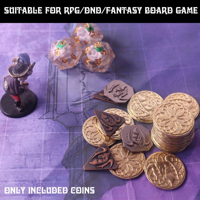Byhoo 70PCS Metal DND Coins & PU Leather Bag  Contains 30 Gold  20 Silver & 20 Copper Coins  Fantasy Board Game Tokens with Retro Leather Pouch  - Image 5