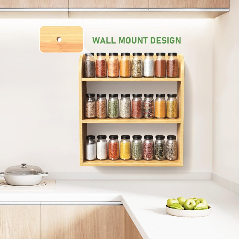 ROMGUAR CRAFT 3 Tier Bamboo Spice Rack, Countertop or Wall Mounting Wood Spice Jars Organizer Shelf for Kitche, Pantry (Natural) - Image 2