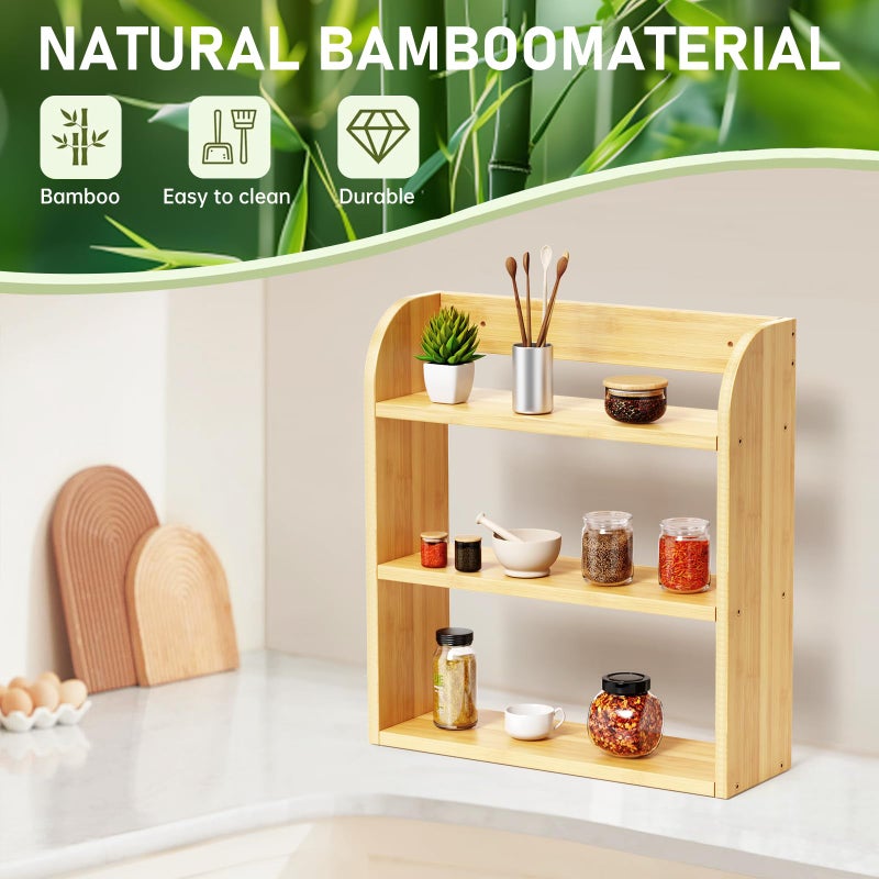 ROMGUAR CRAFT 3 Tier Bamboo Spice Rack, Countertop or Wall Mounting Wood Spice Jars Organizer Shelf for Kitche, Pantry (Natural) - Image 5