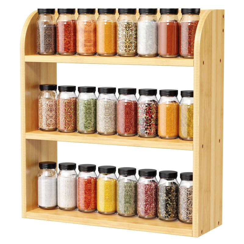 ROMGUAR CRAFT 3 Tier Bamboo Spice Rack, Countertop or Wall Mounting Wood Spice Jars Organizer Shelf for Kitche, Pantry (Natural) - Image 1