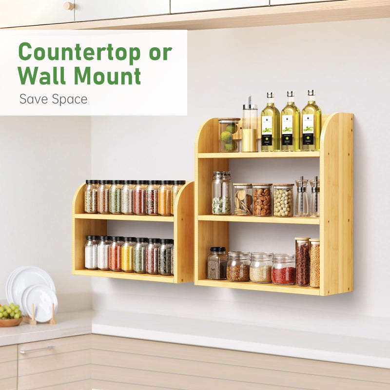 ROMGUAR CRAFT 3 Tier Bamboo Spice Rack, Countertop or Wall Mounting Wood Spice Jars Organizer Shelf for Kitche, Pantry (Natural) - Image 4