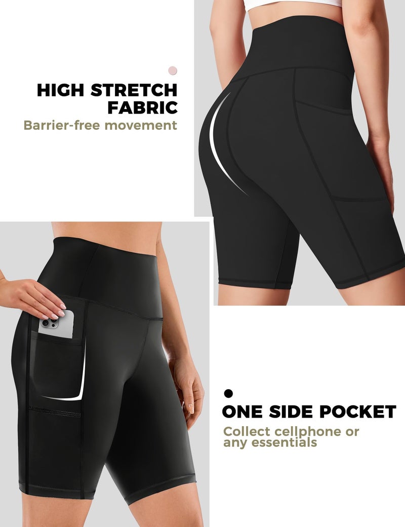 Buauty Biker Shorts Women Tummy Control Pockets Yoga Workout Stretchy Spandex Shorts Leggings Athletic Running Compression Shorts Tights Knee Length Ladies Long Slip Booty Shorts Under Dresses 2 Black - Image 2
