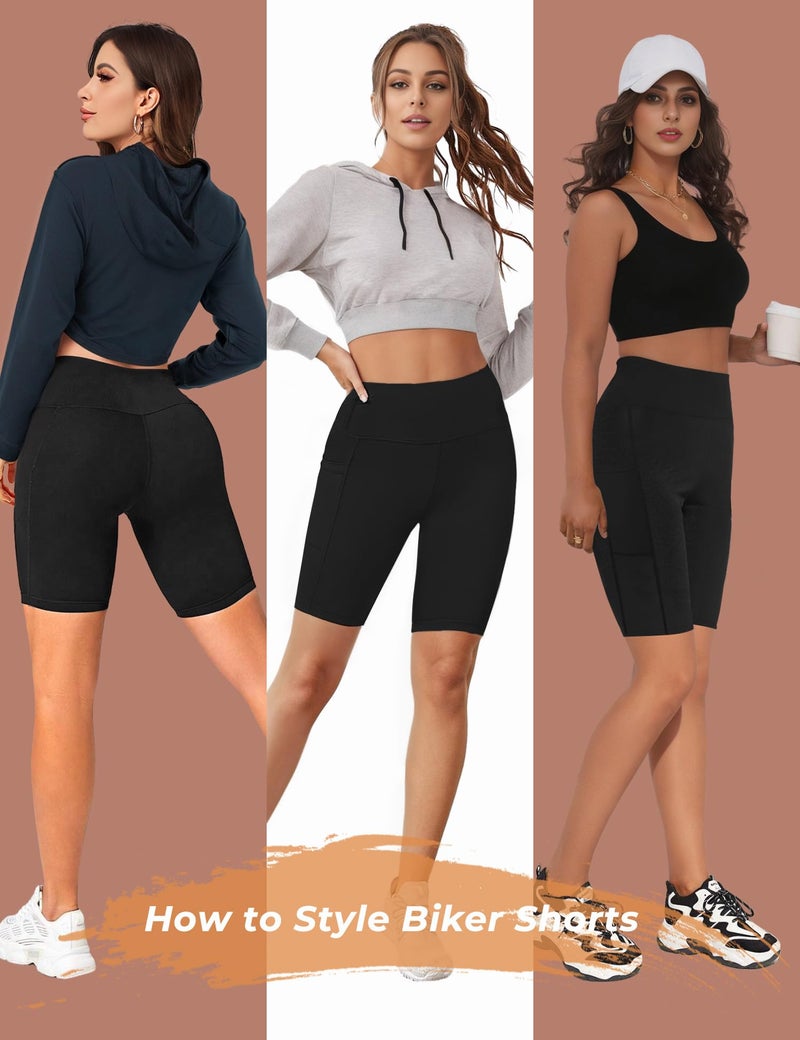 Buauty Biker Shorts Women Tummy Control Pockets Yoga Workout Stretchy Spandex Shorts Leggings Athletic Running Compression Shorts Tights Knee Length Ladies Long Slip Booty Shorts Under Dresses 2 Black - Image 5