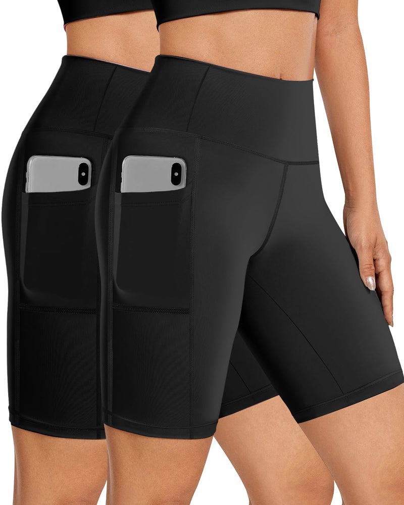 Buauty Biker Shorts Women Tummy Control Pockets Yoga Workout Stretchy Spandex Shorts Leggings Athletic Running Compression Shorts Tights Knee Length Ladies Long Slip Booty Shorts Under Dresses 2 Black - Image 1