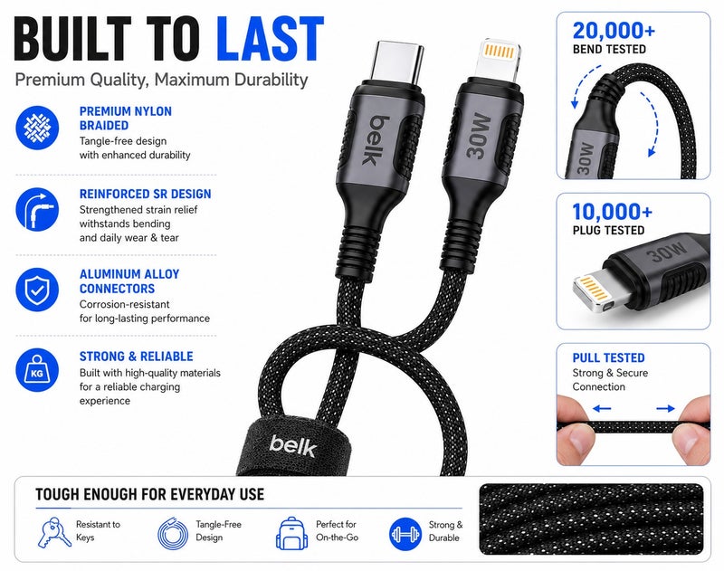 Belk BL-B4 USB-C to Lightning Fast Charging & Data Sync Cable 30W PD 1.2M Braided Black - Image 2