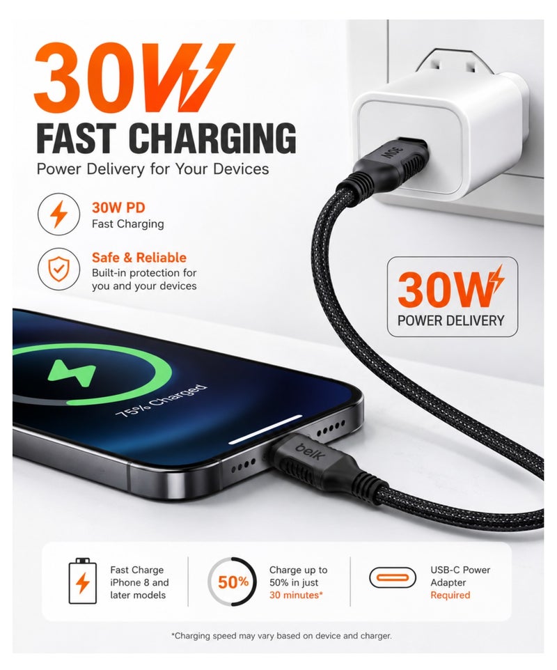 Belk BL-B4 USB-C to Lightning Fast Charging & Data Sync Cable 30W PD 1.2M Braided Black - Image 5