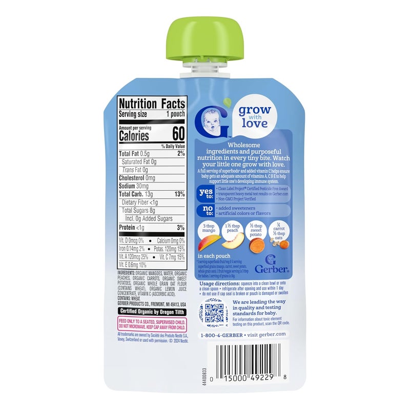 Gerber Organic Baby Food Pouches, Toddler, WonderFoods, Mango Peach Carrot Sweet Potato & Oatmeal, 3.5 Ounce (Pack of 12) - Image 3