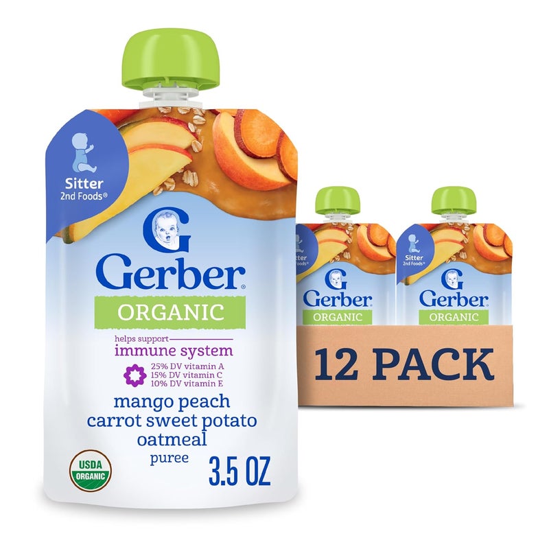 Gerber Organic Baby Food Pouches, Toddler, WonderFoods, Mango Peach Carrot Sweet Potato & Oatmeal, 3.5 Ounce (Pack of 12) - Image 1