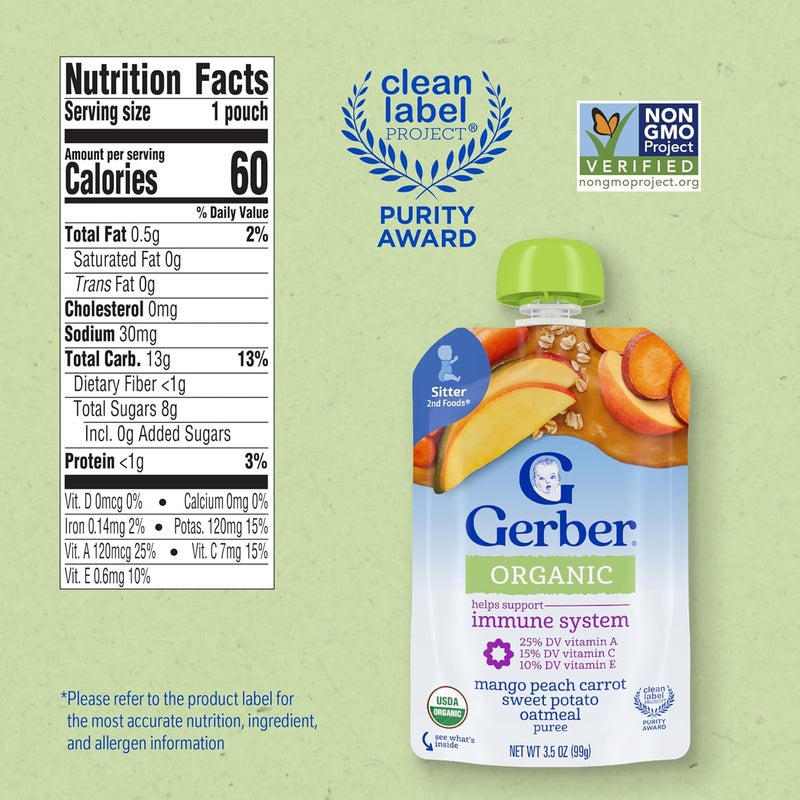 Gerber Organic Baby Food Pouches, Toddler, WonderFoods, Mango Peach Carrot Sweet Potato & Oatmeal, 3.5 Ounce (Pack of 12) - Image 2