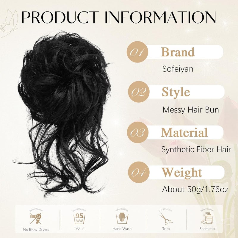 SOFEIYAN Messy Bun Hair Piece Curly Wavy Hair Bun Extensions Synthetic Tousled Updo with Tendrils Hairpieces Bun Donut Accessories Scrunchies for Women, Black - Image 2