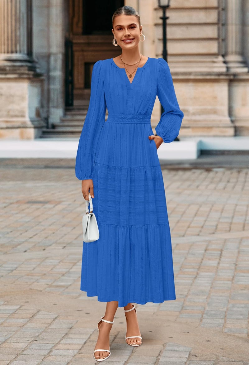 MEROKEETY Women's 2025 Fall Long Sleeve Maxi Dress V Neck Elastic Waist Flowy Tiered Boho Casual Dresses with Pockets, RoyalBlue, X-Large - Image 5