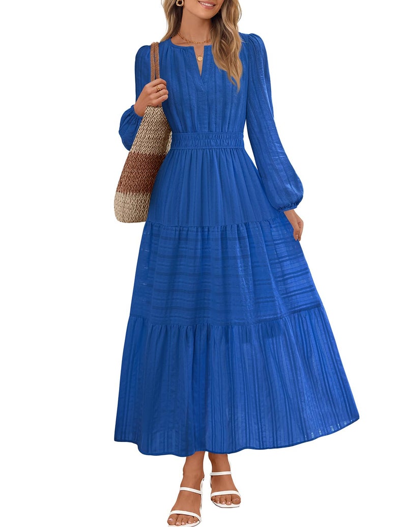 MEROKEETY Women's 2025 Fall Long Sleeve Maxi Dress V Neck Elastic Waist Flowy Tiered Boho Casual Dresses with Pockets, RoyalBlue, X-Large - Image 1