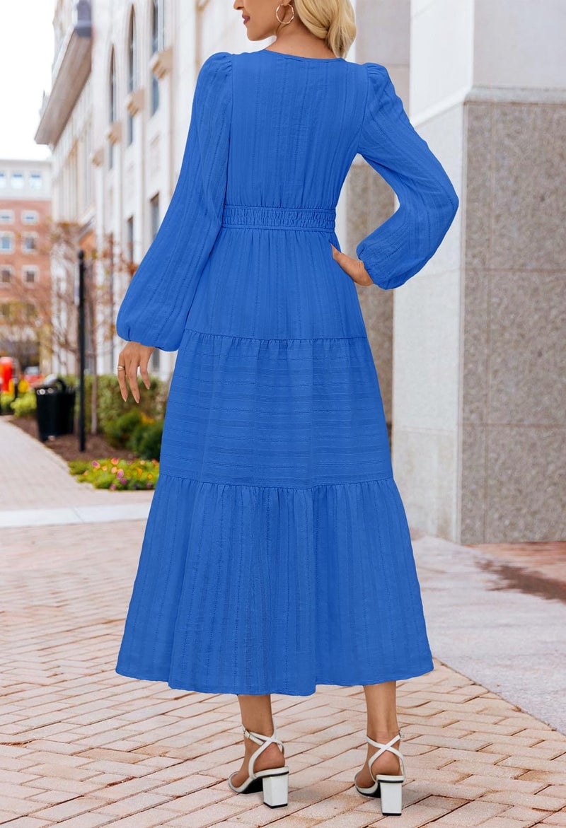 MEROKEETY Women's 2025 Fall Long Sleeve Maxi Dress V Neck Elastic Waist Flowy Tiered Boho Casual Dresses with Pockets, RoyalBlue, X-Large - Image 3