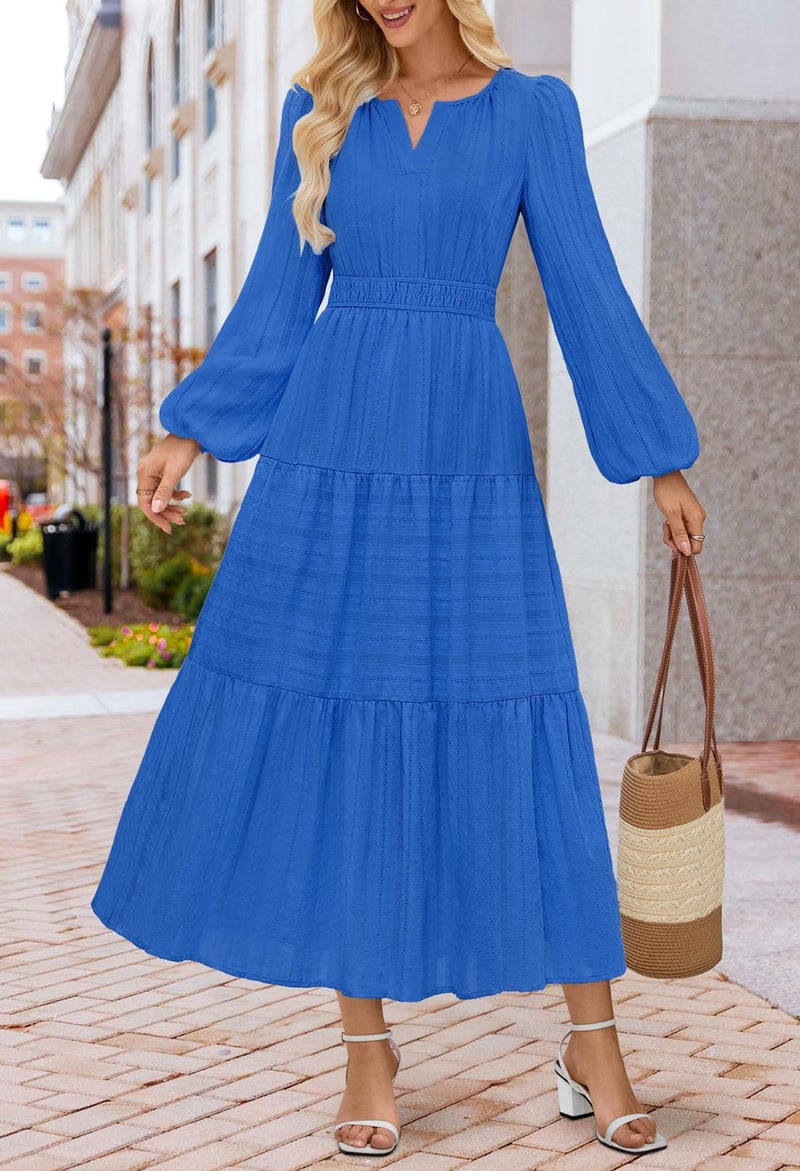MEROKEETY Women's 2025 Fall Long Sleeve Maxi Dress V Neck Elastic Waist Flowy Tiered Boho Casual Dresses with Pockets, RoyalBlue, X-Large - Image 2