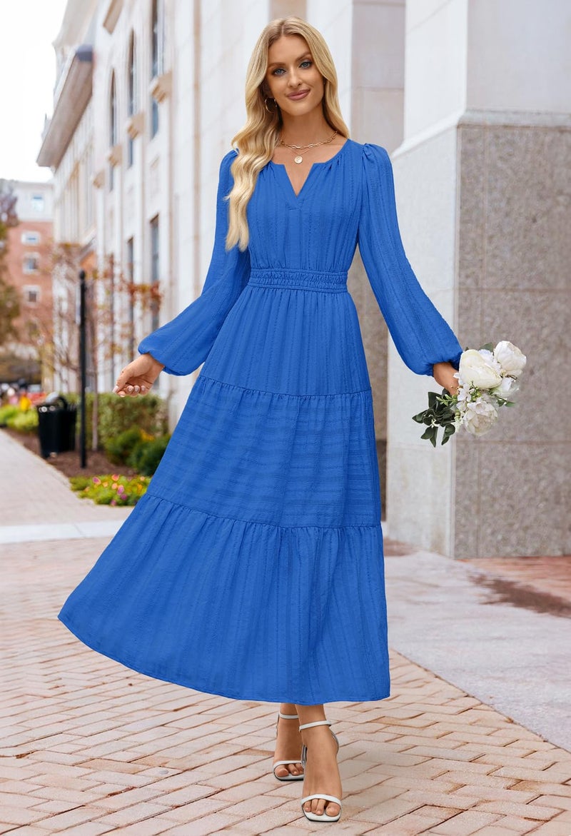 MEROKEETY Women's 2025 Fall Long Sleeve Maxi Dress V Neck Elastic Waist Flowy Tiered Boho Casual Dresses with Pockets, RoyalBlue, X-Large - Image 4