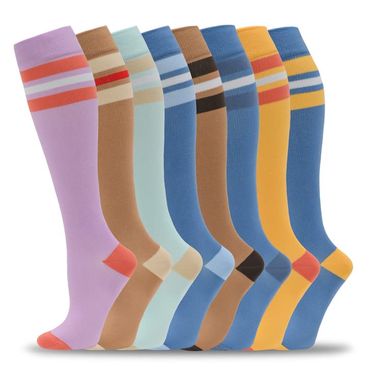 fenglaoda 8 Pairs Compression Socks for Men & Women 20-30 mmHg Knee High Nurse Pregnant Running Medical and Travel Athletic(S/M,Multi04) - Image 1