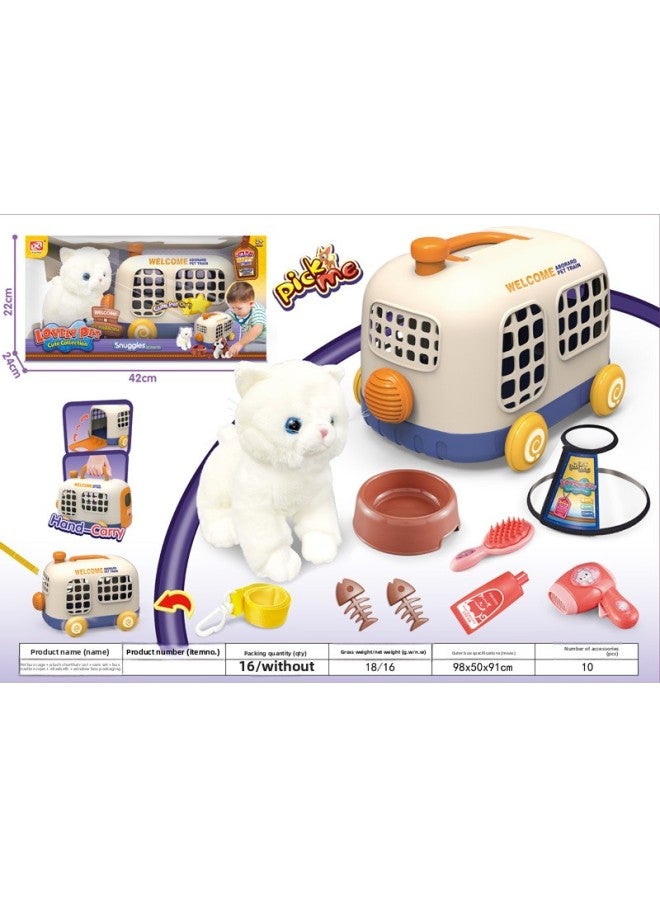 Children's Simulation Plush Cat Teddy Dog Pet Bus Cage Medical Tool Set Storage Plane Play House Toys-Color:Pet Bus Cage Plush Cat Pure White English Short Cat + BB Whistle + Care Set + Bus Traction Rope + Elizabeth + Sealed Box Packaging: 48 Boxes Minimum Order  - Image 1