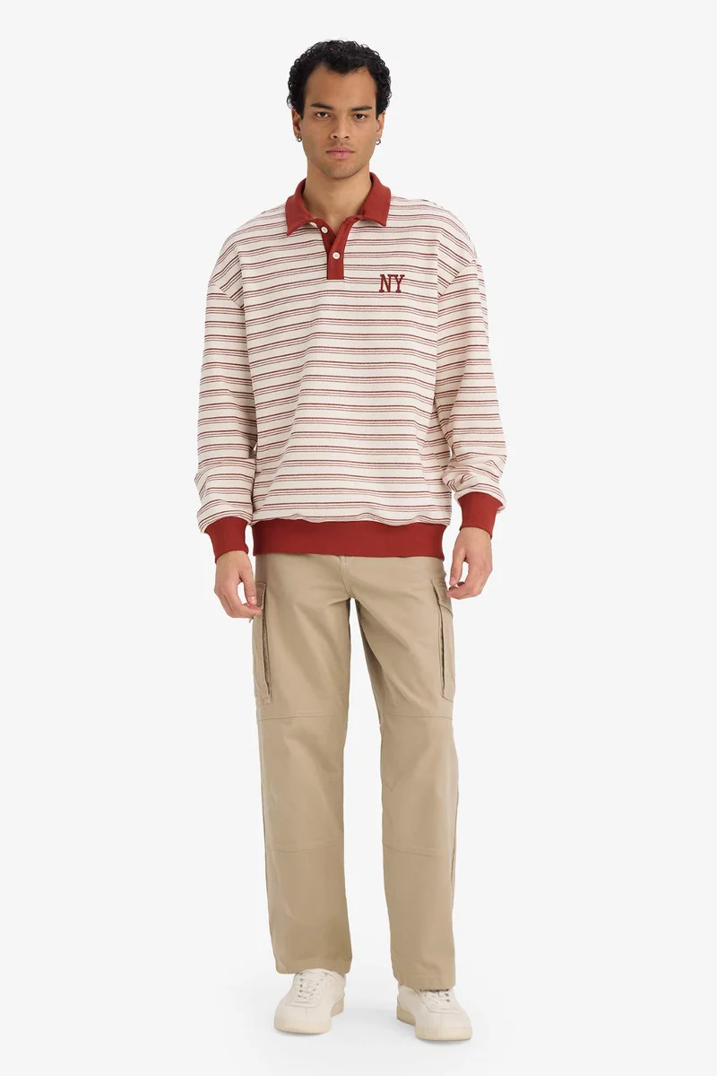 Defacto Boxy Fit Polo Neck Printed Striped Sweatshirt